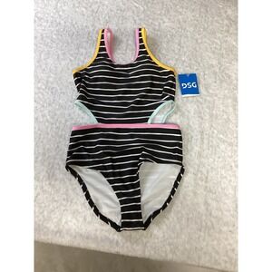 DSG Girls Sanibel Stripe One Piece Swimsuit Cut Outs Black White Pink Size M NWT